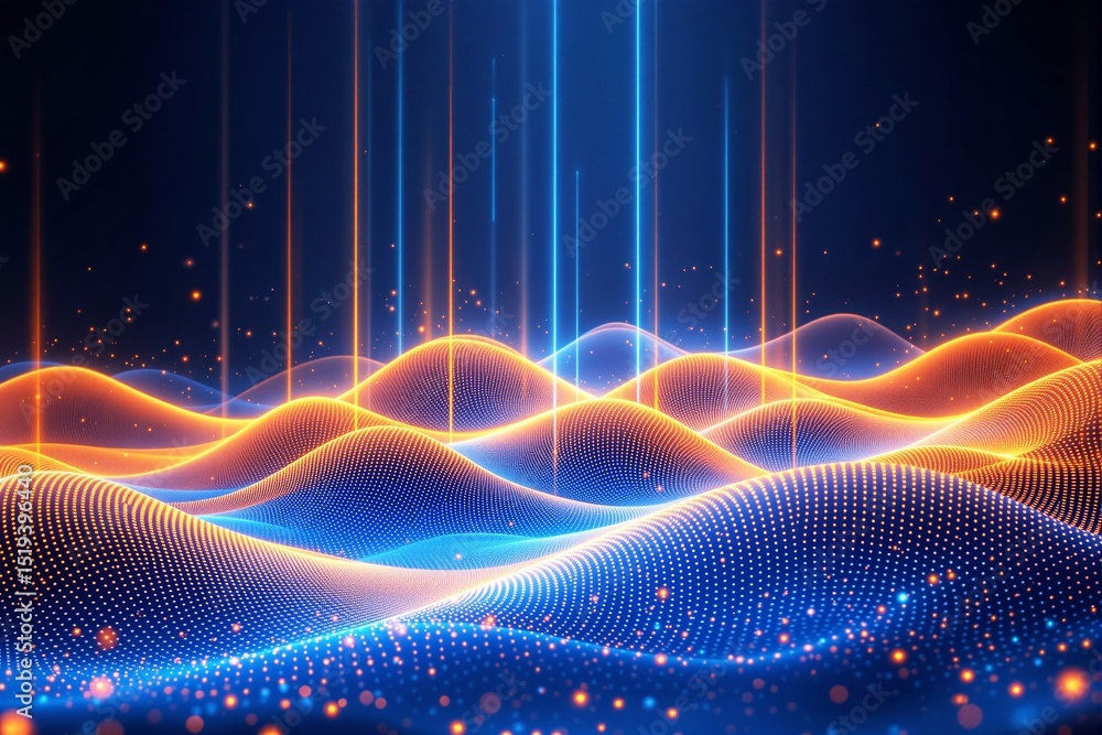 Poster abstract glowing waves with digital light dots on dark background.