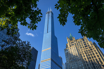 Blue sky, tall buildings, cityscape, view from the ground looking up at skyscrapers, glass buildings, office towers, business centers, urban architecture, professional photography.