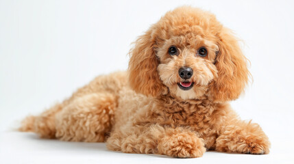 Poodle dog poses on a bright white background