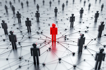 Red figure among black figures connected by lines, representing leadership, networking, or individuality in a business concept.