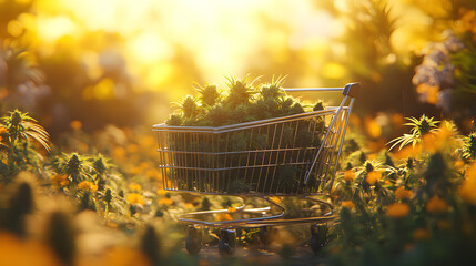 Shopping trolley and leaves of marijuana on yellow background Legal cannabis concept