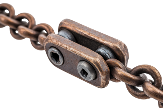Industrial Rust Metal Chain Link Connector Close Up Heavy Duty Component Repair Element on transparent background
