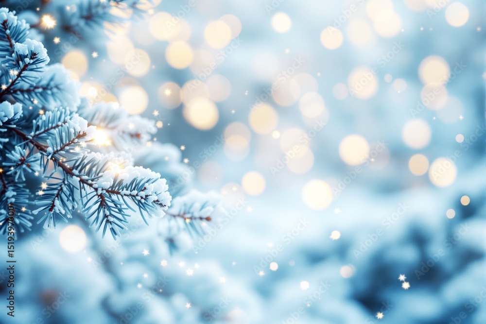 Poster snow-covered pine branches with glowing lights in soft-focus winter background.