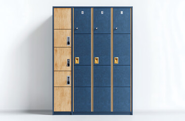 Blue high school lockers with golden locks. The background is plain and flat, providing space for text or images. 