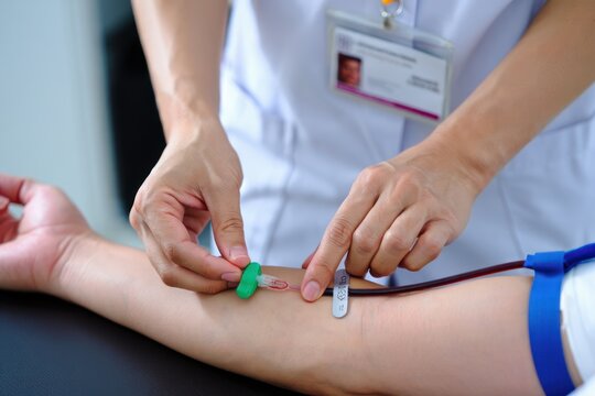 Medical professional preparing intravenous line for blood donation or infusion, focused on arm with tourniquet and needle insertion, clinical setting