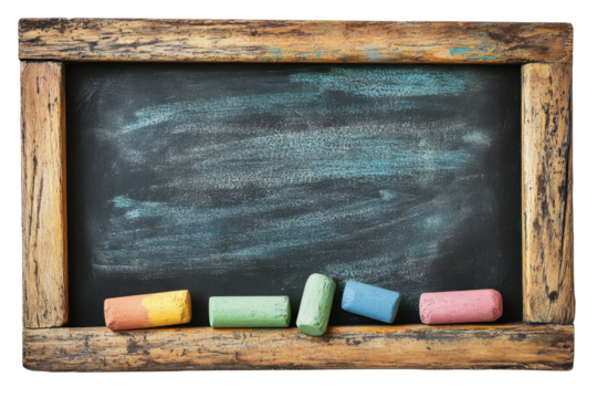 Blackboard Vintage with Colorful Chalks on Wooden Frame Back to School Concepts Education on transparent background
