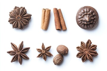 Arrangement of warm, aromatic spices including star anise, cinnamon sticks, and nutmeg on a white