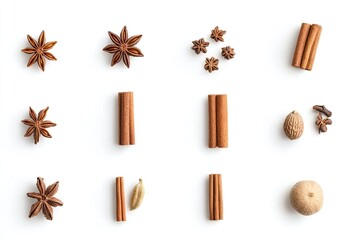 Artful flat lay of aromatic baking spices with star anise, cinnamon, nutmeg and cloves for seasonal