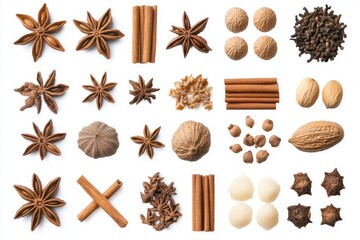 Aromatic holiday spices arranged on white background evokes warm feelings of baking season and