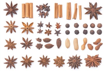 Carefully arranged cinnamon sticks, star anise and other aromatic culinary spices on a clean white