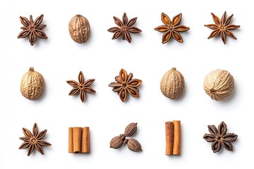 Overhead flat lay arrangement of whole star anise, nutmeg, and cinnamon sticks on white for