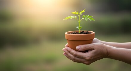 Nurturing New Life Hands Gently Holding a Young Plant in a Pot