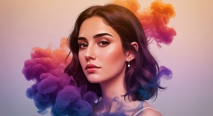 Colorful digital portrait of woman in smoke	