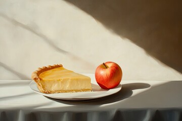 Still life features a slice of golden pie and a red apple, presented in soft, diffused light on a