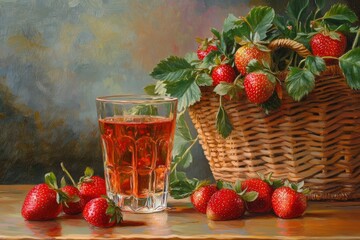 Still life oil painting of fresh strawberries overflowing from a woven basket and a glass of red
