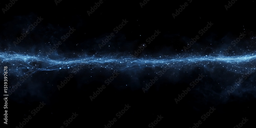 Poster blue glowing light beam with data particles and network connection lines on a black background, a di