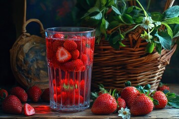 Still life presents a glass filled with fresh strawberries next to a rustic woven basket.