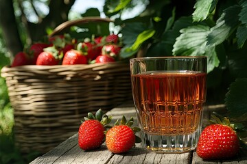 Summer harvest still life showcases a basket brimming with ripe strawberries and a refreshing