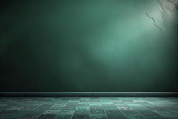 Empty green textured wall with cracked surface and vintage tiled floor.