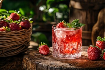 Refreshing strawberry beverage garnished with mint leaves served alongside a basket full of fresh,