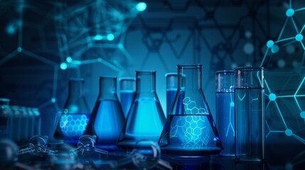 Blue Illuminated Laboratory Flasks Chemical Research Science Experiment Glassware Background Modern Technology Medical Science Digital Art Illustration Innovative Healthcare Advanced Research Fluid   