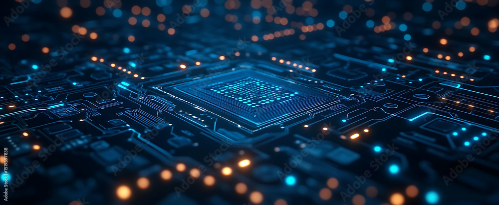 Poster blue digital technology background with circuit board and glowing dots on a dark blue banner for web