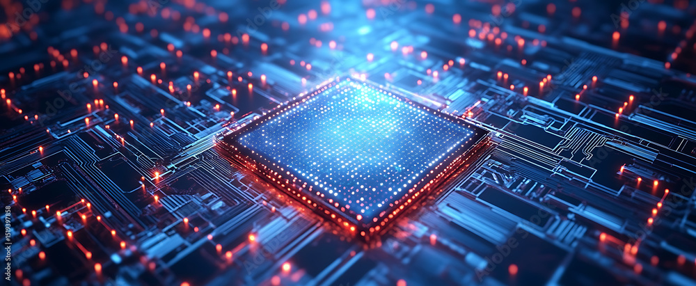 Poster blue digital technology background with circuit board and glowing dots on a dark blue banner for web