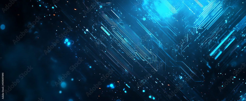 Poster blue digital technology background with circuit board and glowing dots on a dark blue banner for web