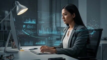 Asian businesswoman working at a desk with futuristic data visualization and analytics dashboards on screen - Powered by Adobe