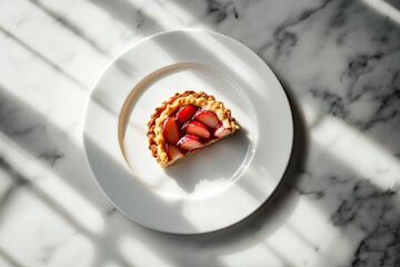 Top-down view of a delectable strawberry tart slice on a clean white plate, casting elegant shadows