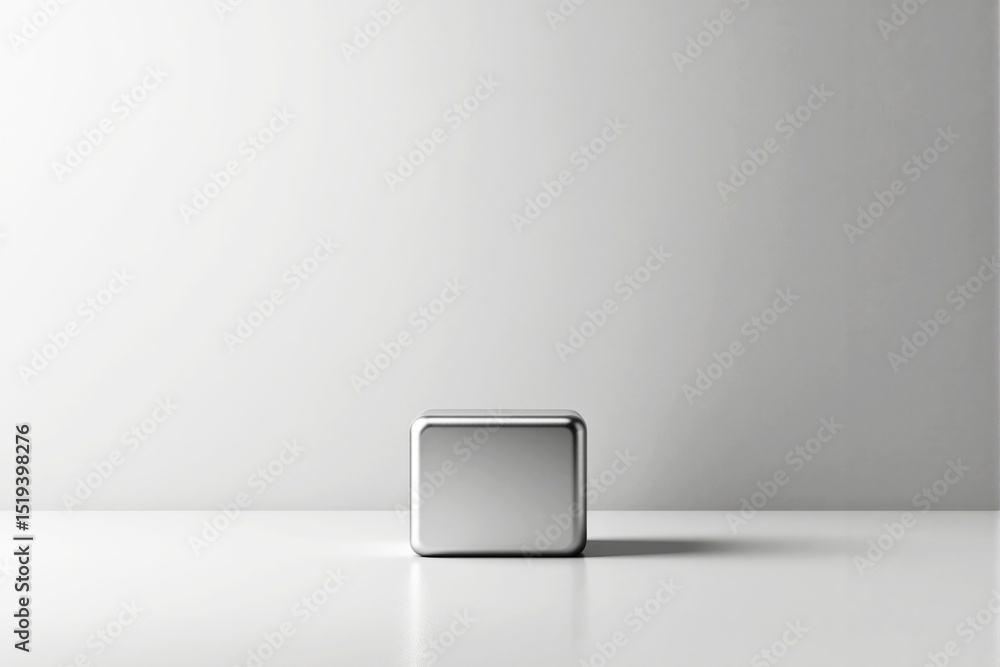 Poster Minimalist metallic cube on white surface with soft light.