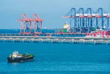 Logistic shipping quay boat Engineering crane depot at logistic export terminal control. Warehouse...