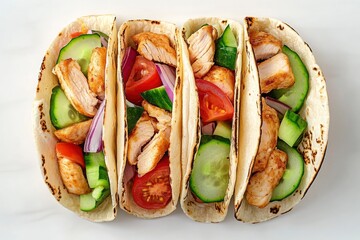 Close-up showcases delicious, vibrant chicken tacos with fresh cucumber, tomato and onion slices