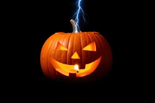 Glowing carved pumpkin with a mischievous smile and triangular eyes illuminated from inside with lightning striking the stem against a black background