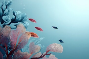 Stylized underwater scene with coral reefs and colorful fish swimming in the clear, bright