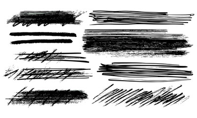 Vector illustration of charcoal marker brushstrokes, grunge rough underline, freehand bold stripes, crayon scribbles, paint shapes, scrawl, artistic texture, creative design.