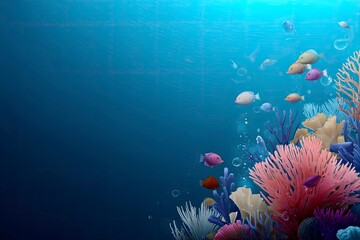 Digital rendering of colorful fish swimming amongst coral reefs in a deep blue ocean setting,