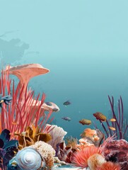 Serene underwater scene featuring vibrant coral reefs, swaying sea grass and colorful fish swimming