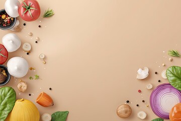A colorful and inviting flat lay composition of fresh vegetables and spices arranged on a neutral