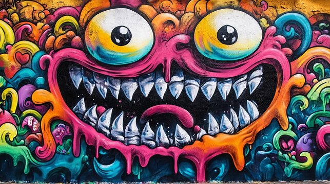 Vibrant urban street art mural of a frightening monster face with sharp teeth and large eyes.