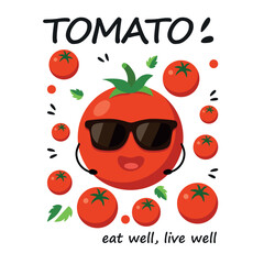 Tomato cartoon poster with sunglasses, funny red vegetable character for healthy lifestyle, food print for kids design, summer kitchen wall art, cooking theme illustration, nutrition concept