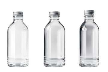 Elegant Glass Bottles Still Life with Transparent Empty Containers and Silver Caps for Drinks on transparent background