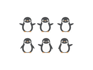 Adorable group of six simple cartoon penguins on a white background in a flat vector style