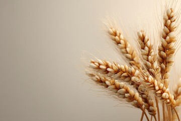 Golden wheat stalks are presented in a warm, inviting still life composition with ample copy space.