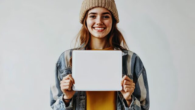 Smiling young woman holding blank white sign, wearing a beanie and denim jacket. Space for your message or mockup on the sign.