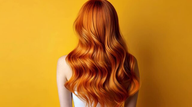 Back view of a woman with long, wavy, ginger hair against a yellow background.