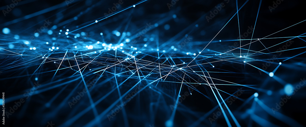 Poster an abstract digital background with glowing blue lines and futuristic geometric shapes, representing