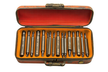 Vintage Metal Drill Bit Set Antique Toolbox Industrial Tools Precision Engineering Collectible on transparent background