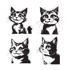 Fototapeta premium Four playful black and white cat illustrations with expressive faces and artistic detail