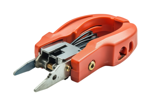 Wire Cutter Tool with Orange Grip and Black Cables Close up Industrial Tool for Cutting Metal on transparent background